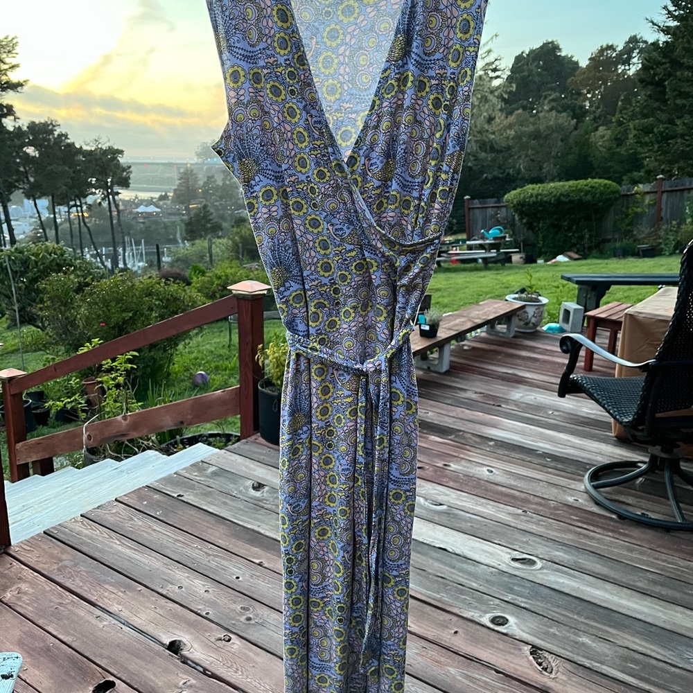 Leota Birds & Bees Peacock Print Maxi Jersey Dress size L